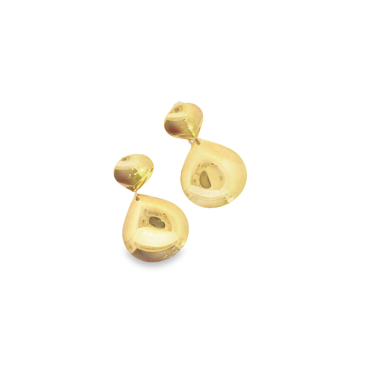 A pair of glossy gold teardrop drop earrings rests against a clean white background.