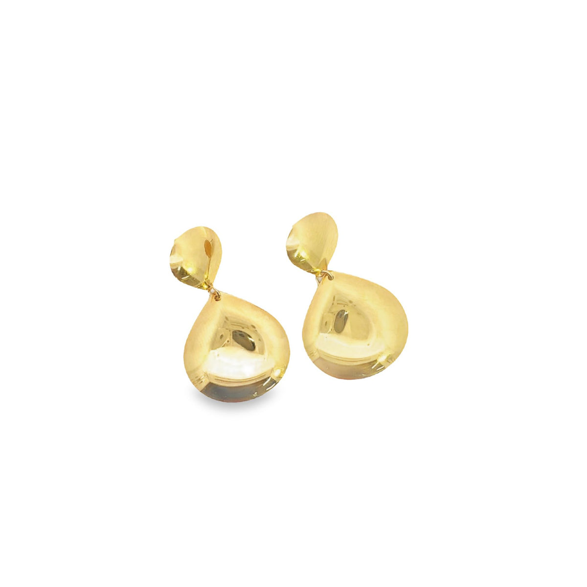 A pair of polished gold teardrop earrings gleams against a clean white background.