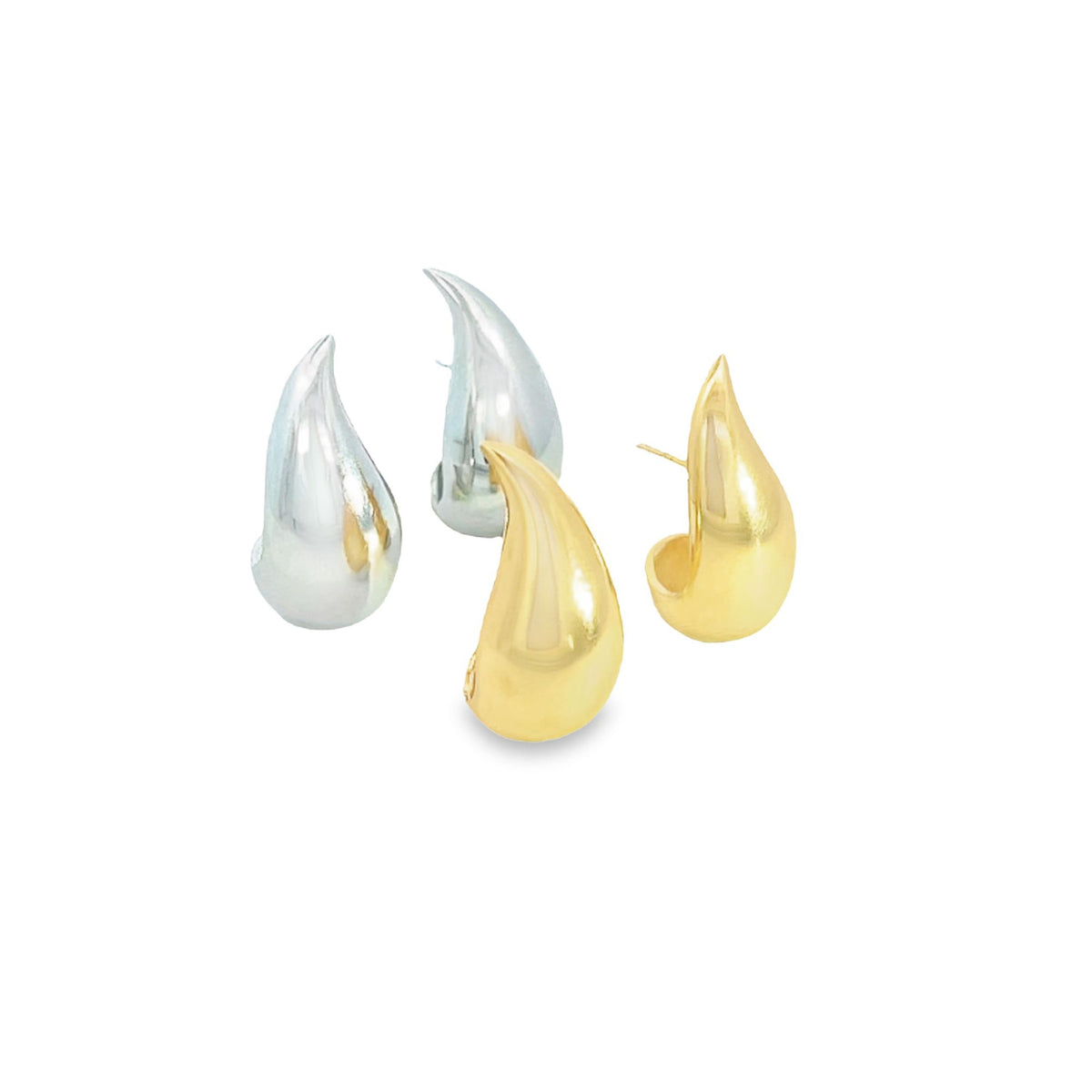 Four teardrop earrings in polished gold and silver finishes are displayed against a clean white background.