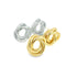 A pair of silver and gold intertwined knot stud earrings rests against a clean white background.