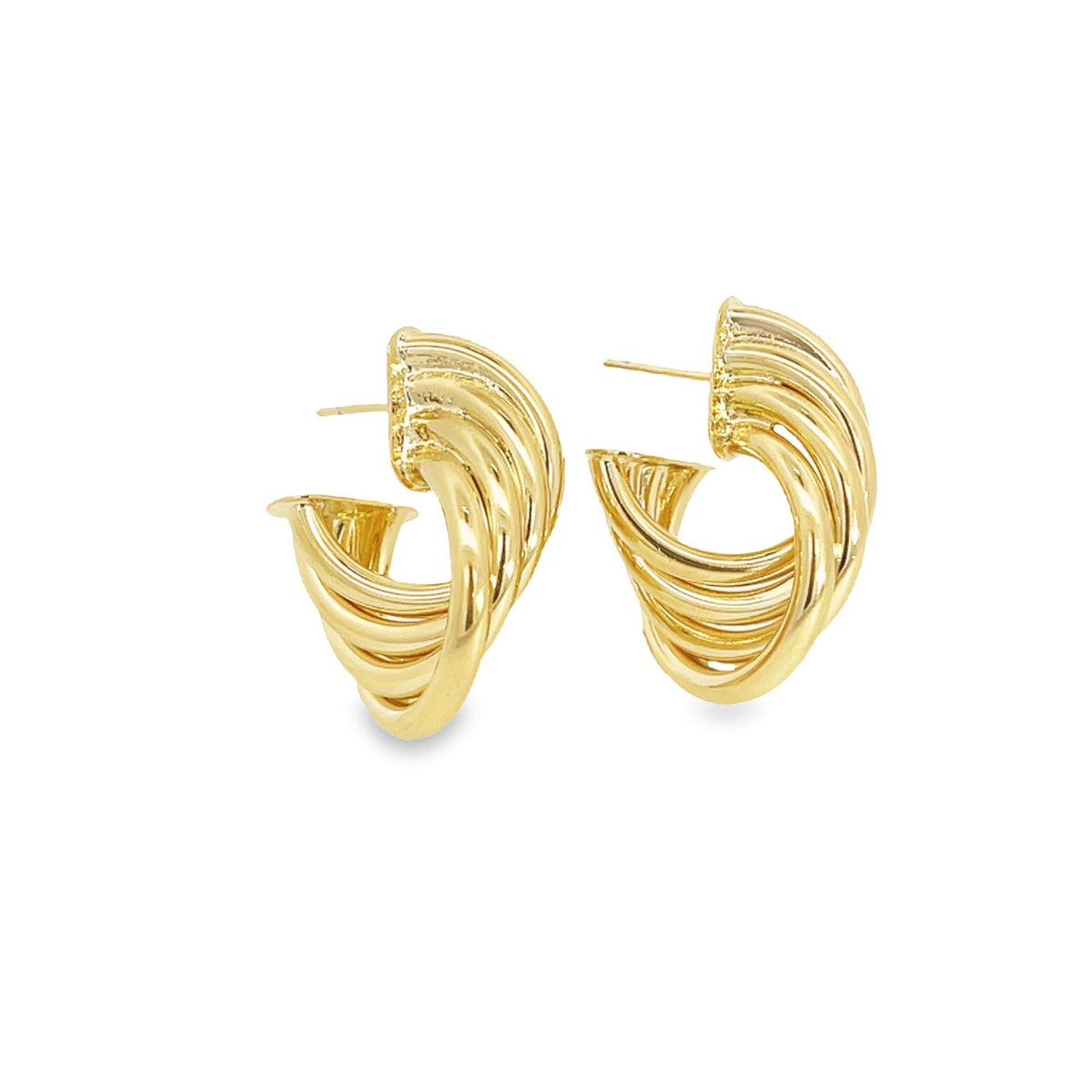 A pair of shiny gold multi-strand hoop earrings rests against a clean white background.