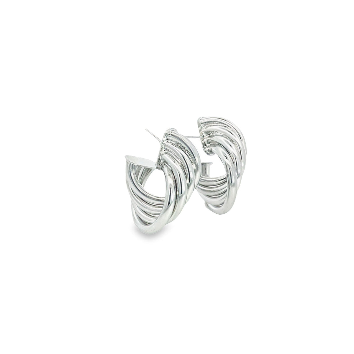 A pair of polished silver multi-strand dome hoop earrings rests on a clean white background.
