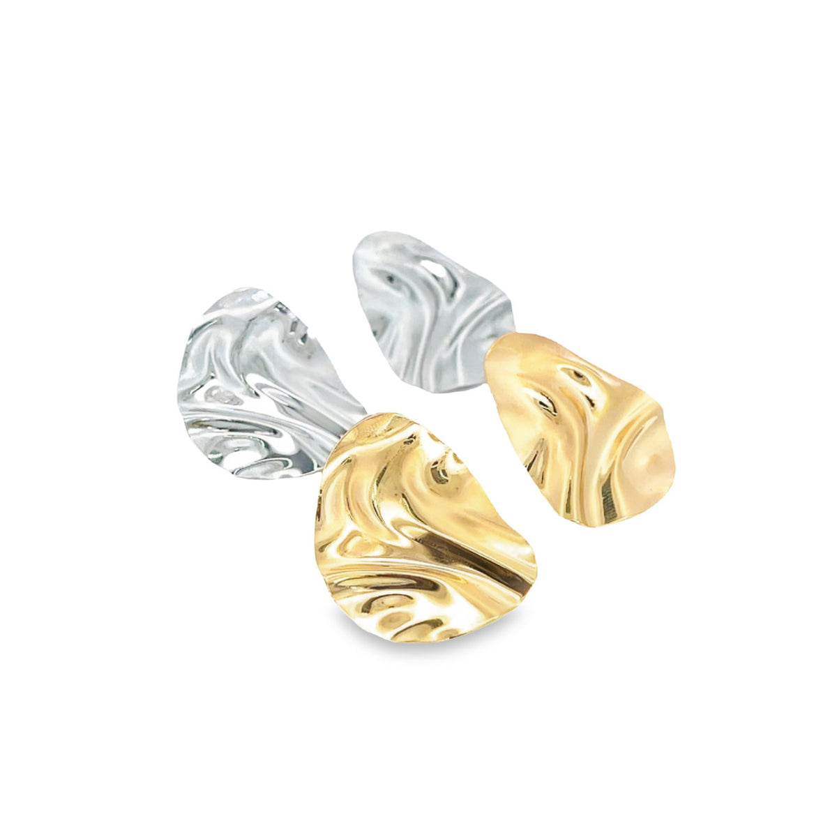 Two abstract statement earrings feature a mixed metal design of textured gold and silver organic shapes against a clean white background.
