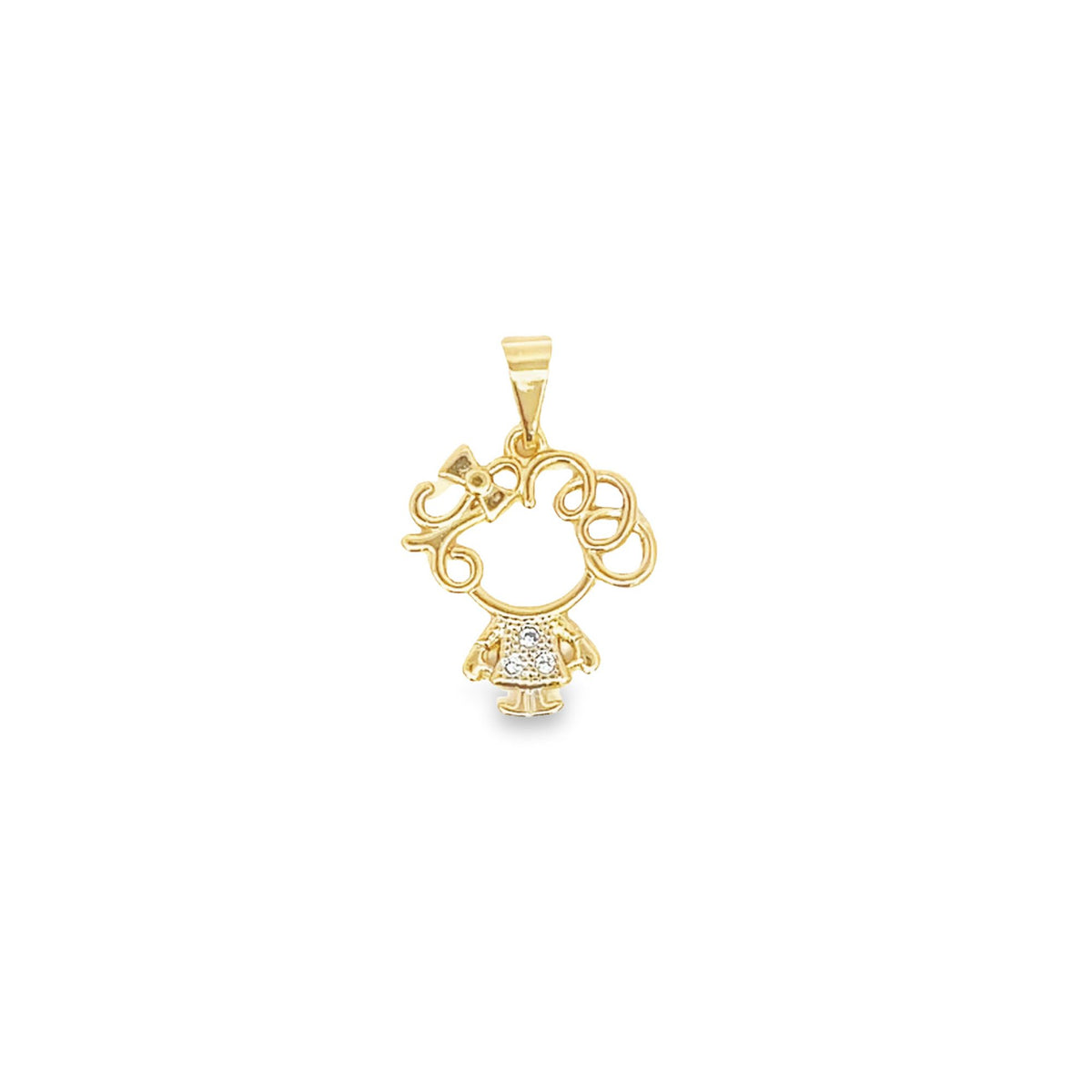 A dainty gold pendant shaped like a little girl with a bow in her curly hair and sparkling cubic zirconia stones on her dress hangs against a clean white background.