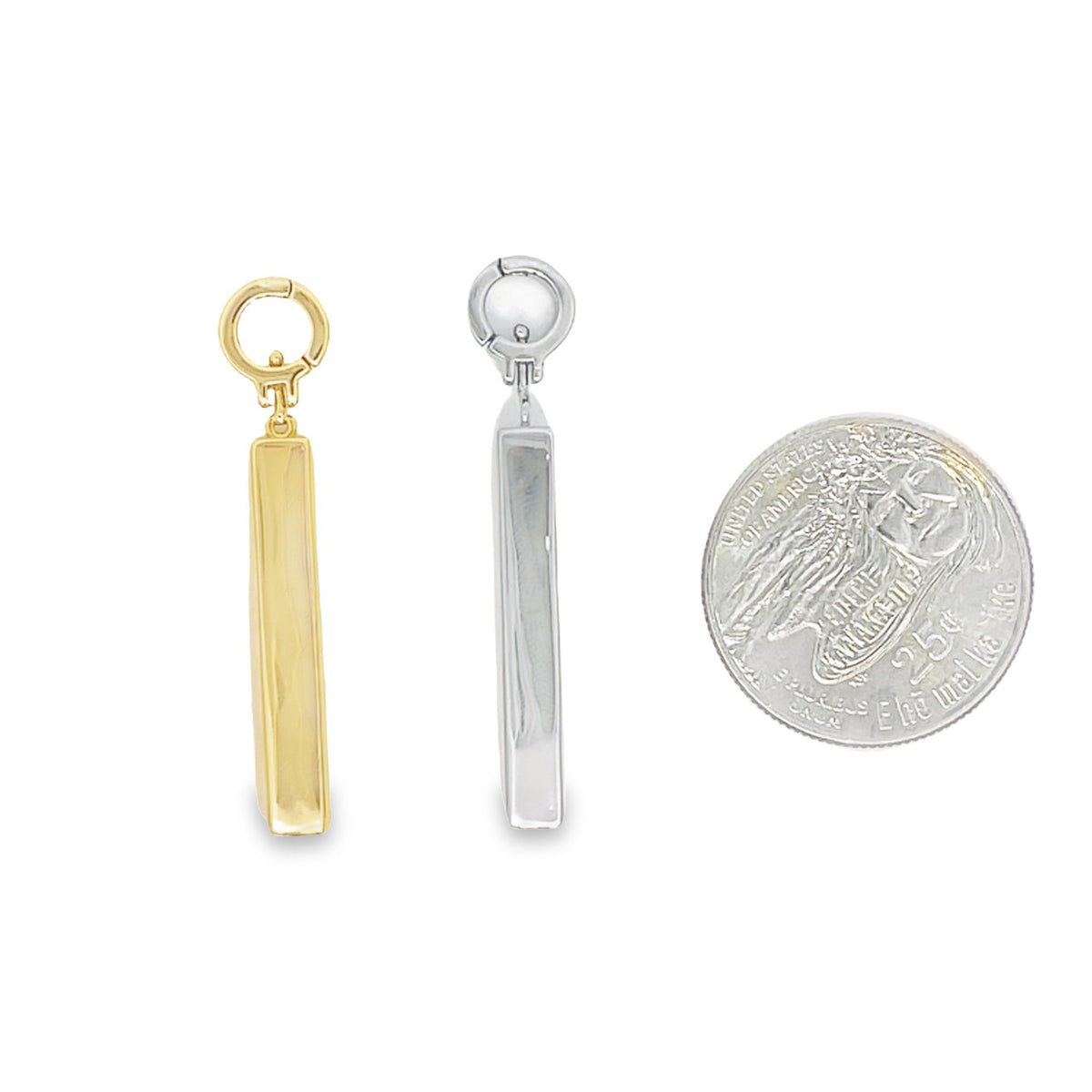 A gold bar pendant and a silver bar pendant hang next to a US quarter coin for scale on a white background.