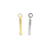 A pair of dangling geometric metal earrings features a gold-tone bar pendant next to a silver-tone rectangular drop earring against a clean white background.