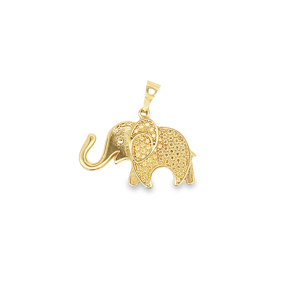 A gleaming gold elephant pendant features textured detailing and an upward-curving trunk against a clean white background.