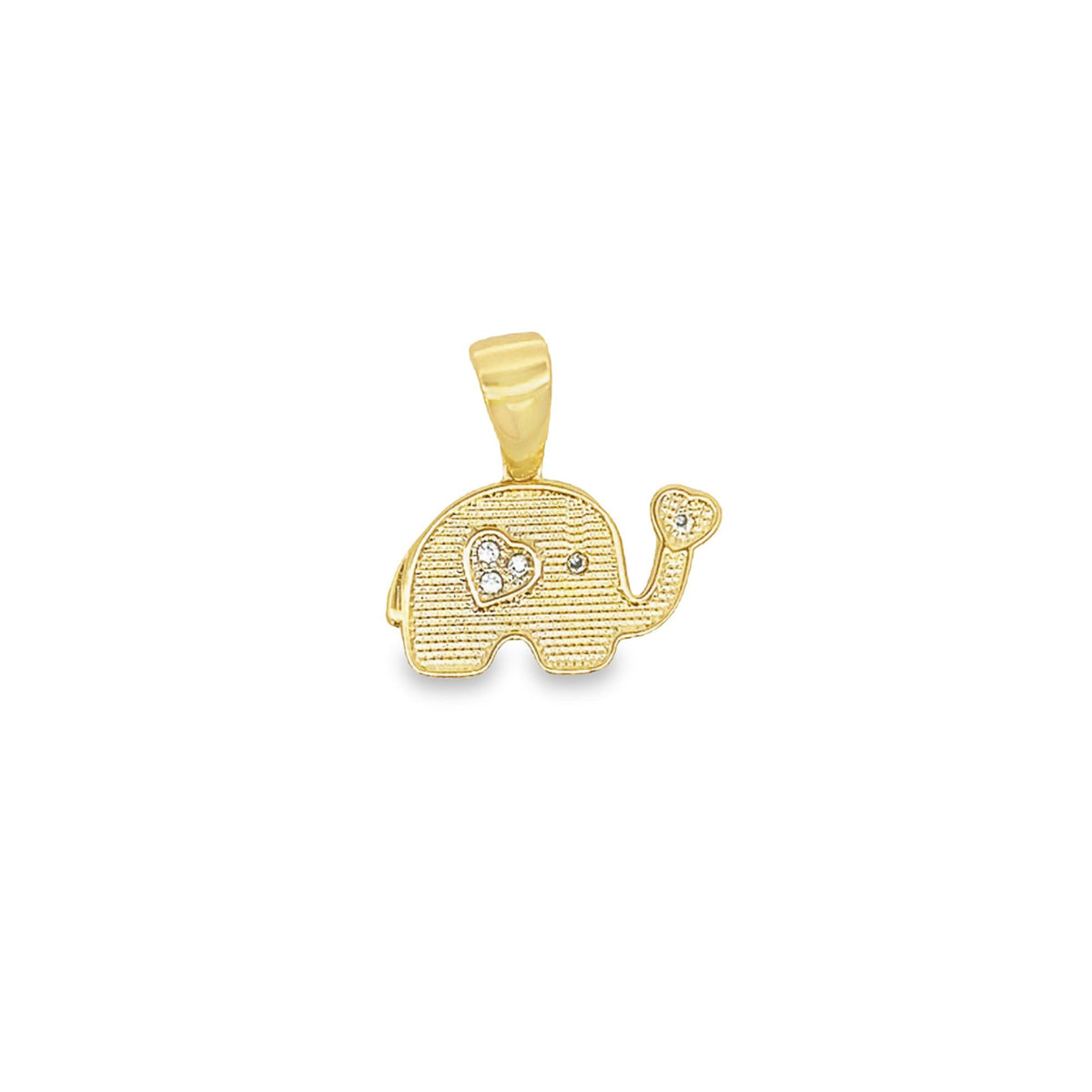 A charming gold elephant pendant sparkles with crystal accents on its textured body and heart-shaped trunk.
