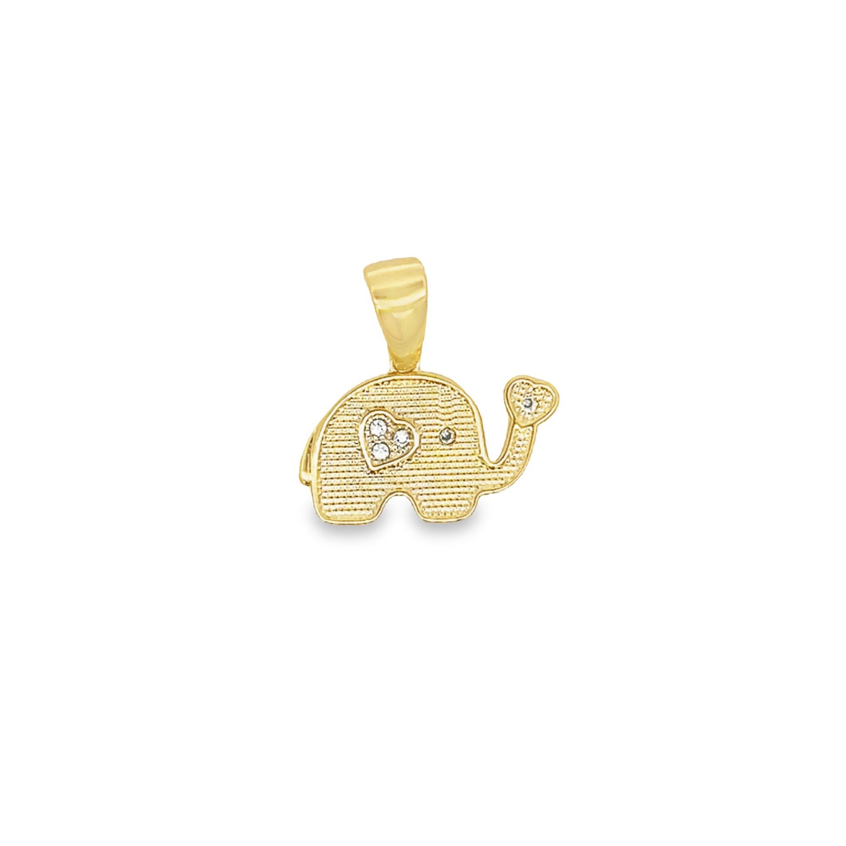 A charming gold elephant pendant sparkles with crystal accents on its textured body and heart-shaped trunk.