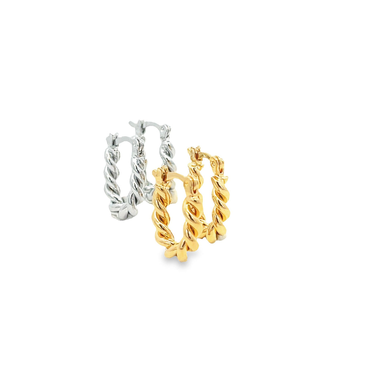 Two pairs of twisted rope hoop earrings shine against a clean white background, showcasing one silver and one gold set.