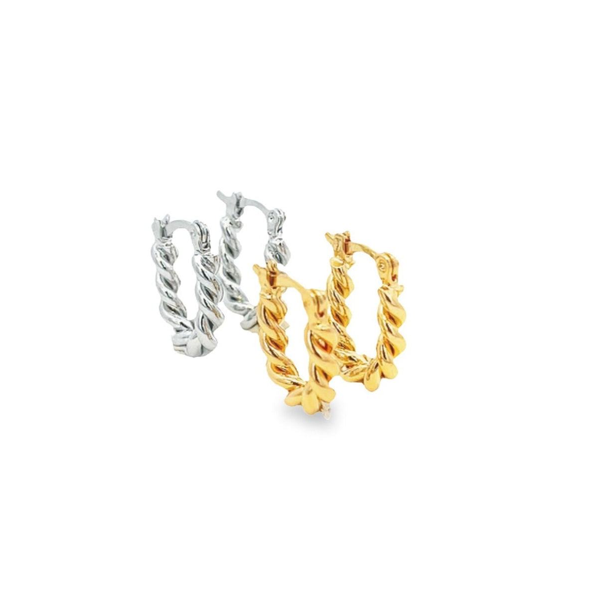 Two pairs of twisted hoop earrings, one silver and one gold, rest side by side against a clean white background.