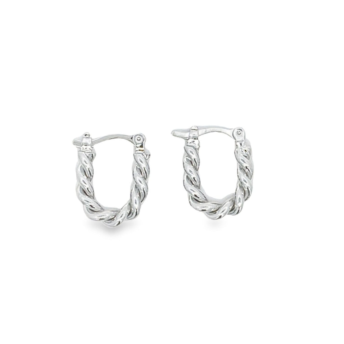 A pair of polished silver twisted hoop earrings sit side-by-side against a clean white background.