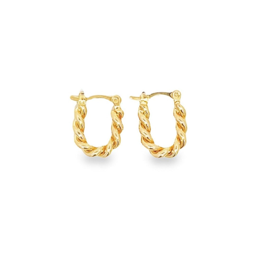A pair of gold twisted hoop earrings is displayed against a clean white background.