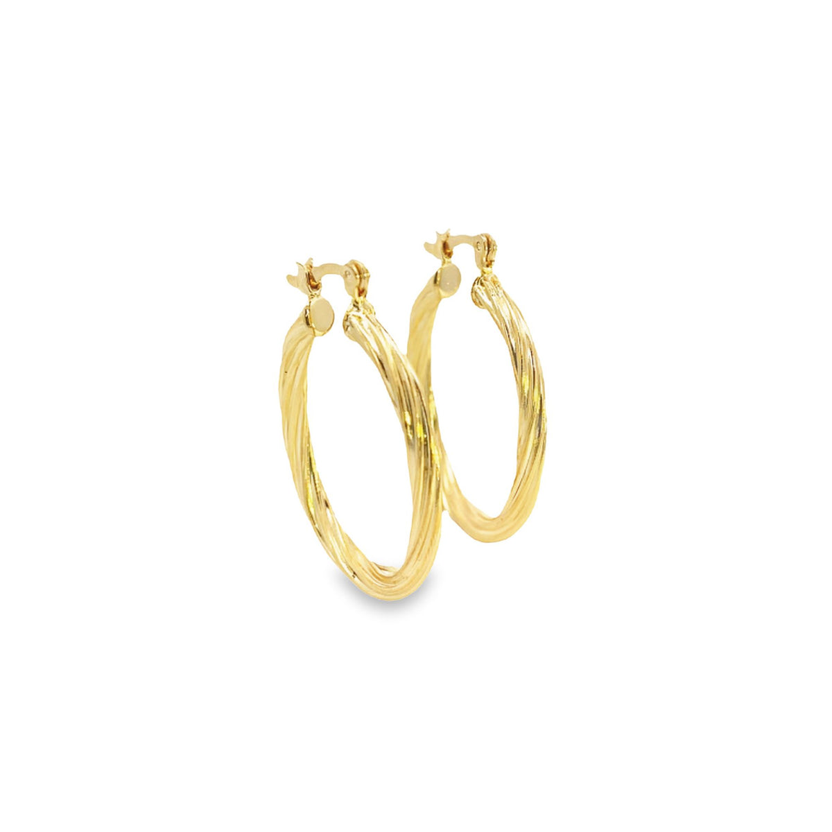 A pair of elegant twisted gold hoop earrings stands upright against a plain white background.