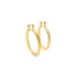 A pair of elegant twisted gold hoop earrings stands upright against a plain white background.