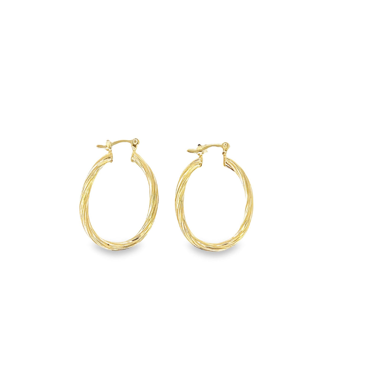 A pair of polished gold twist hoop earrings display a textured, spiral design against a clean white background.
