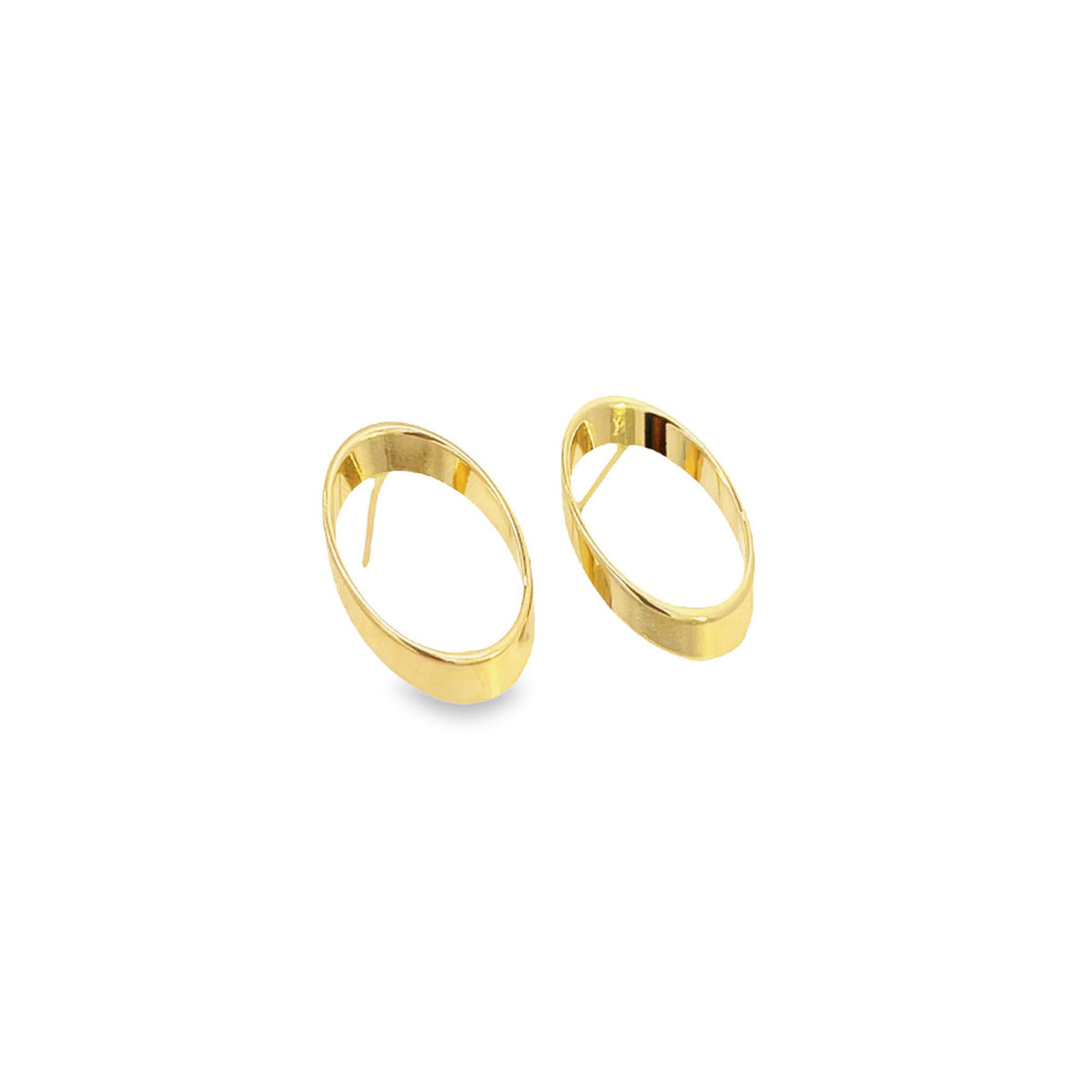 A pair of minimalist gold-plated oval hoop earrings rests on a clean white background.