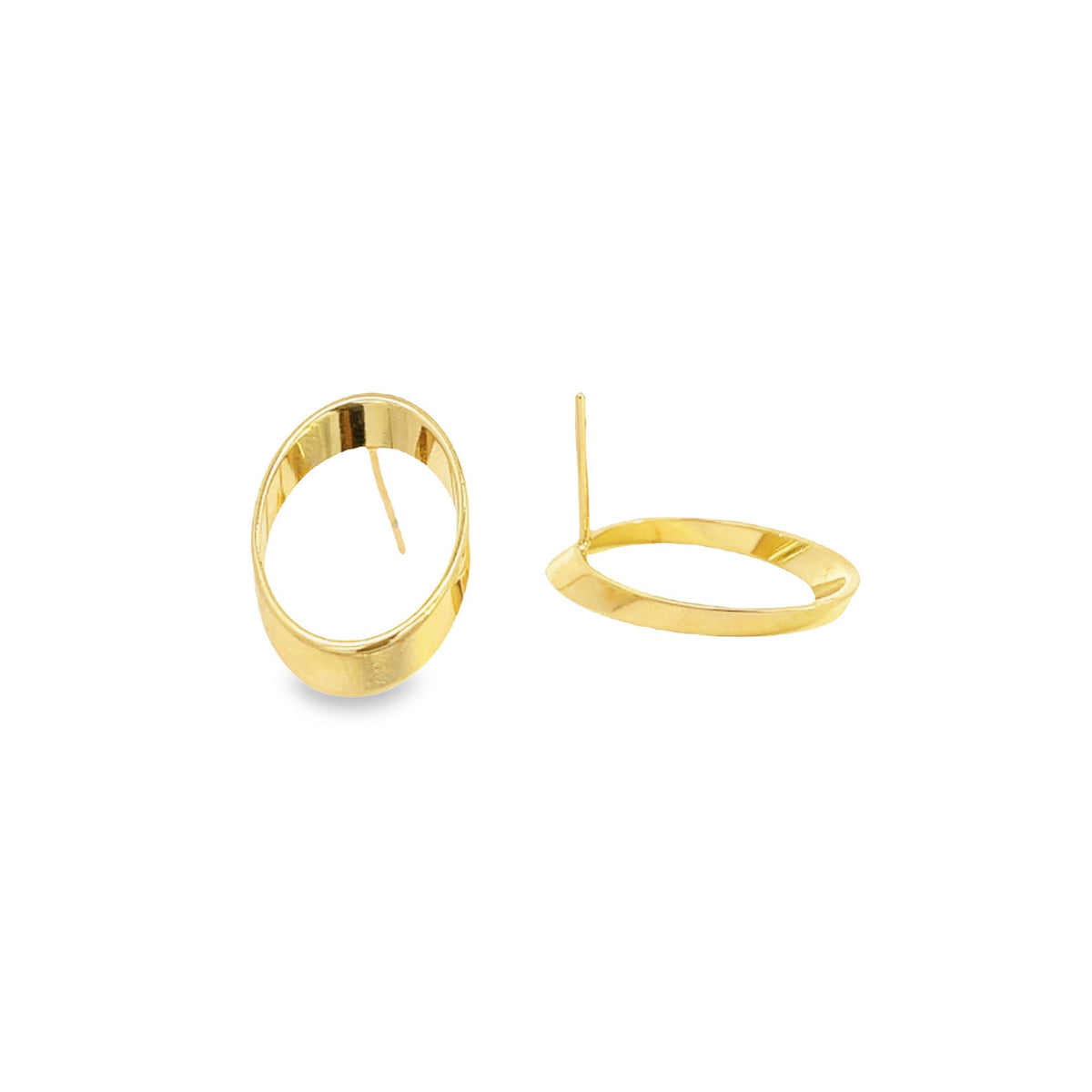 A pair of polished gold oval stud earrings rests on a clean white background, showcasing their sleek, modern geometric design.