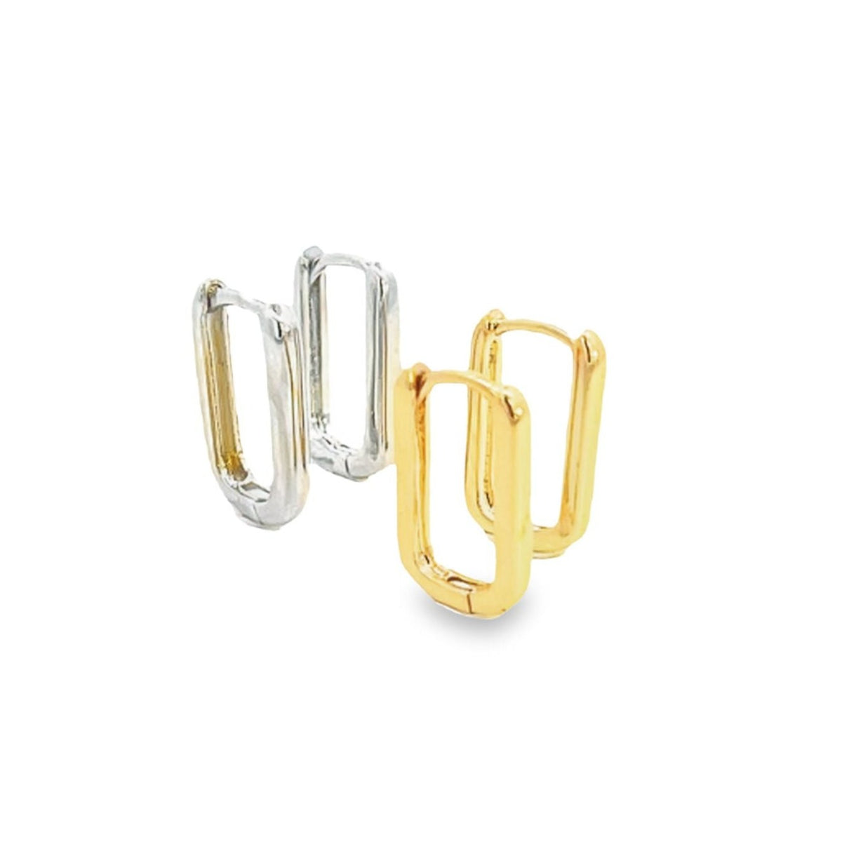 Two pairs of rectangular huggie hoop earrings in silver and gold rest on a white background.