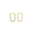 A pair of minimalist gold rectangular huggie hoop earrings rests against a clean white background.