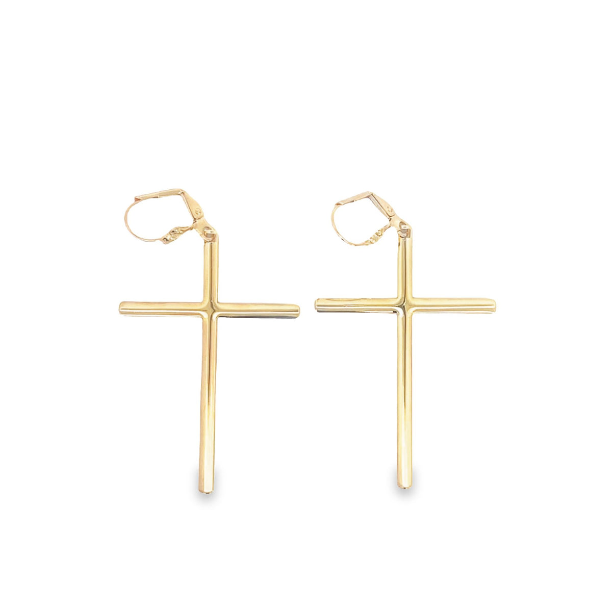 A pair of polished gold cross leverback earrings hangs against a clean white background.