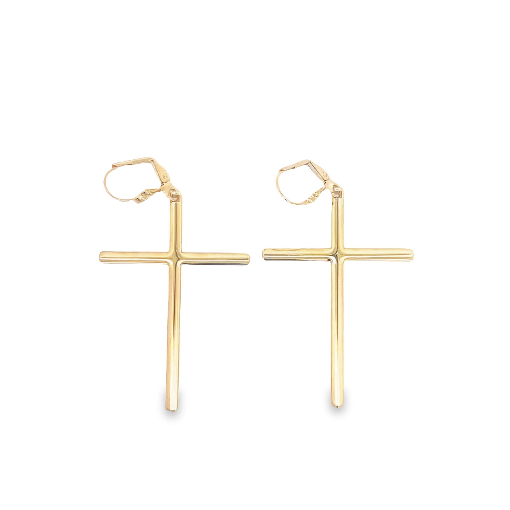 A pair of polished gold cross leverback earrings hangs against a clean white background.
