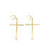 A pair of polished gold cross leverback earrings hangs against a clean white background.