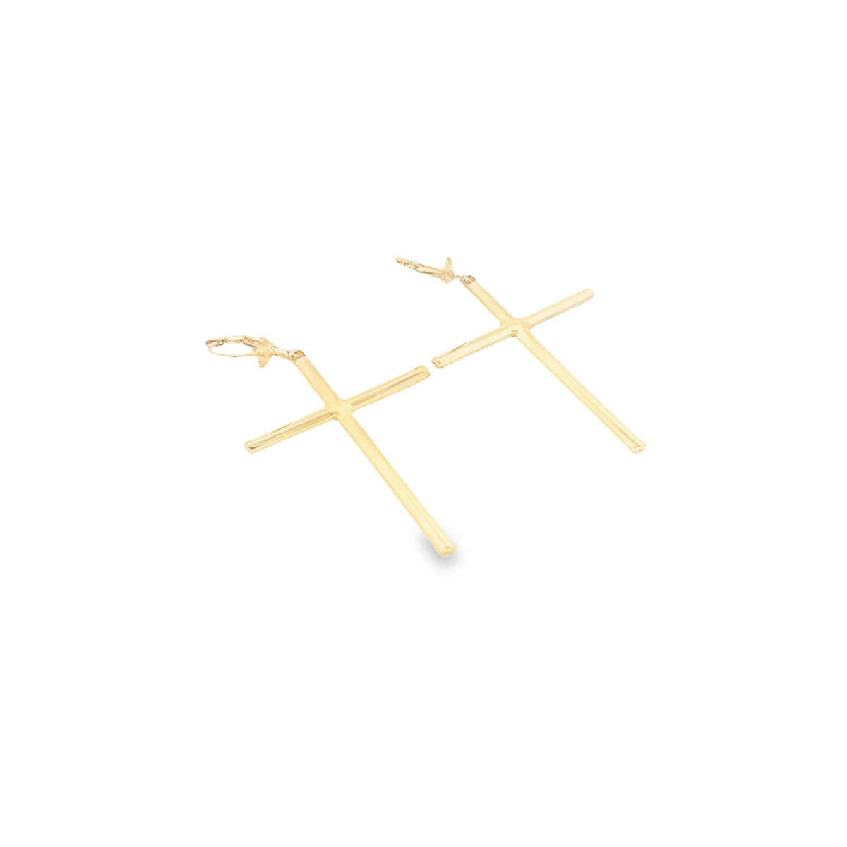 A pair of sleek gold cross earrings rests against a clean white background.