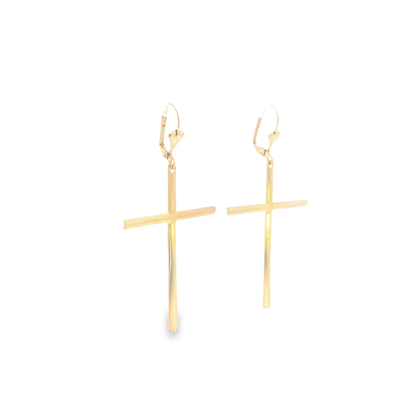 A pair of polished gold cross drop earrings hangs against a clean white background.