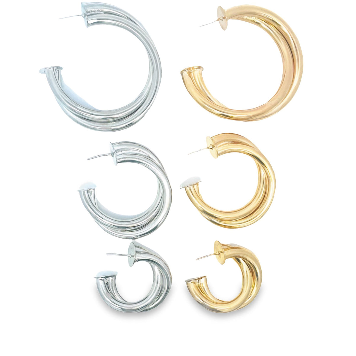 A collection of silver and gold chunky hoop earrings displays various sizes arranged in a grid against a white background.