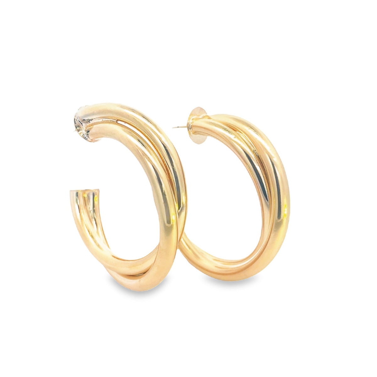 A pair of polished gold multi-strand hoop earrings rests against a clean white background.