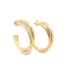 A pair of polished gold multi-strand hoop earrings rests against a clean white background.