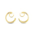 A pair of shiny gold multi-hoop earrings rests against a clean white background.