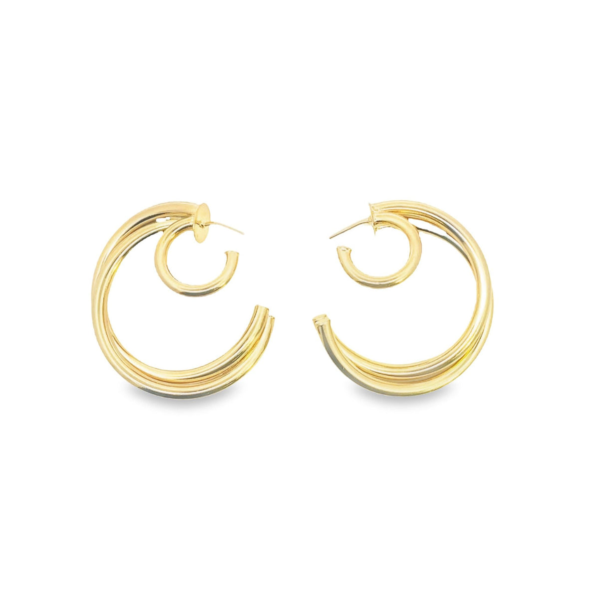 A pair of shiny gold hoop earrings features a nested double-ring design against a clean white background.