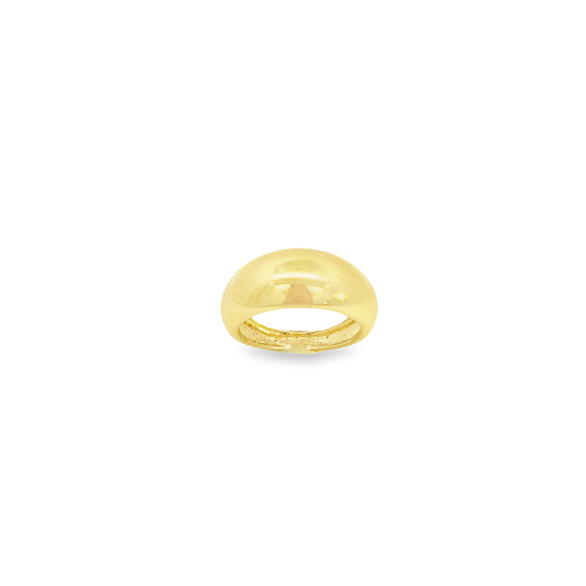 A polished gold dome ring sits centrally against a clean white background.
