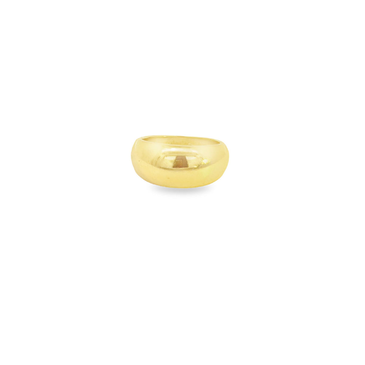 A thick, polished gold dome ring rests isolated against a clean white background.