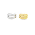 Two stacked double-band rings, one silver and one gold, rest side by side on a plain white background.
