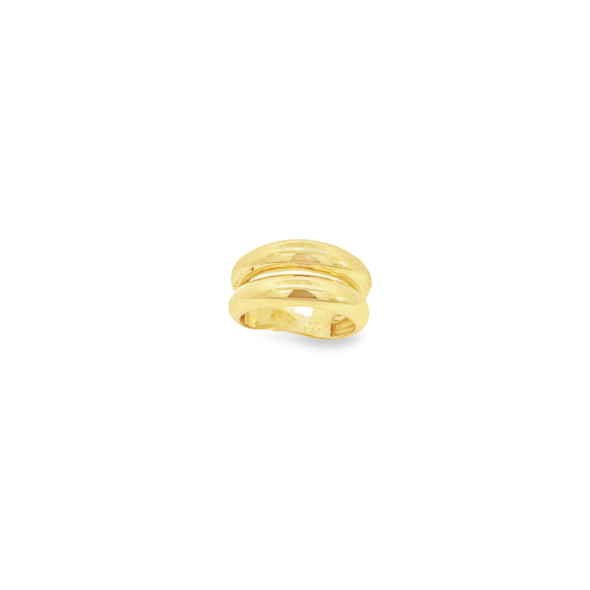 A shiny gold multi-band ring rests against a plain white background.