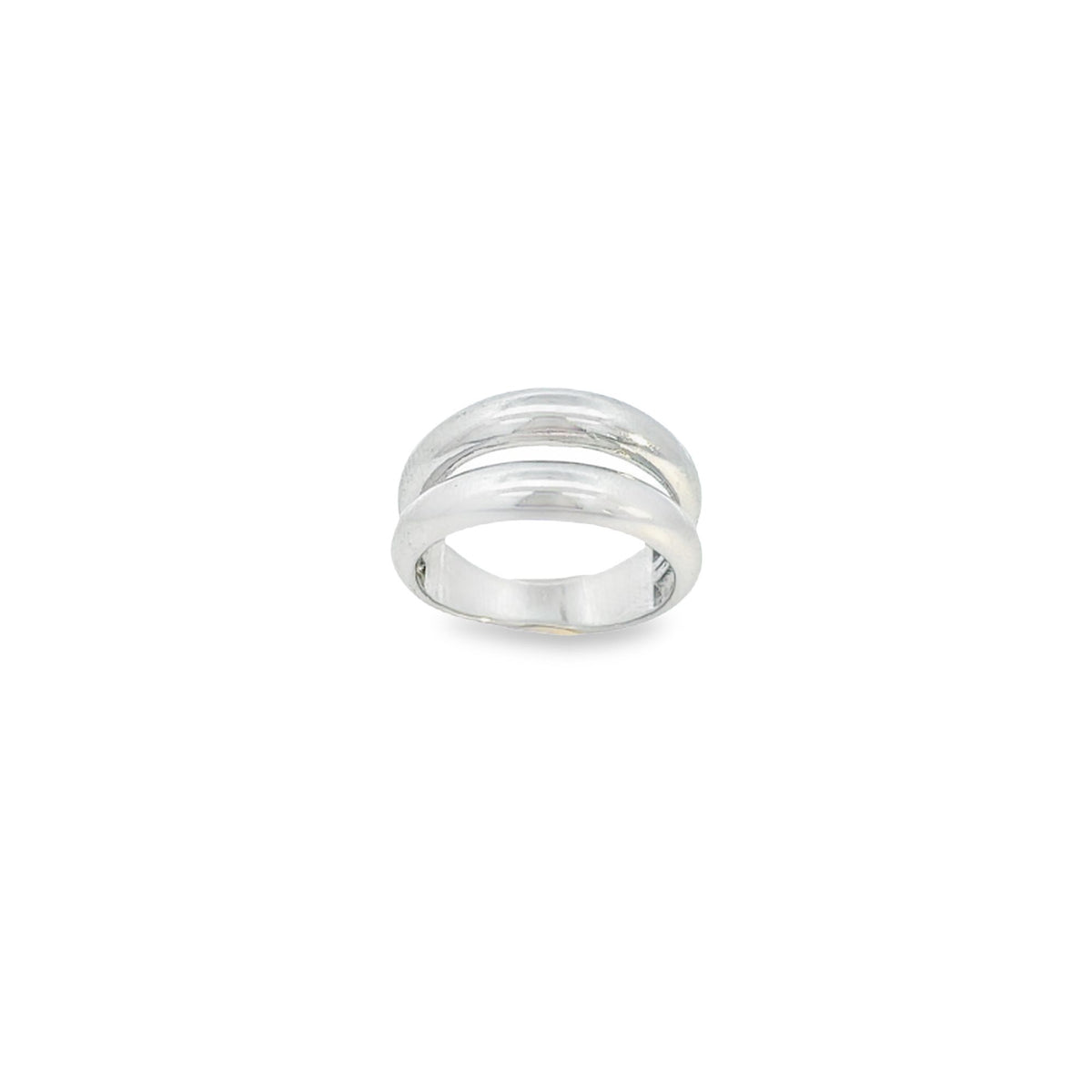 A sleek silver double band ring rests on a clean white background.