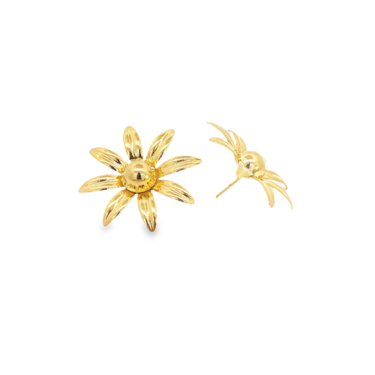 A pair of polished gold flower stud earrings displays intricate daisy petals and a rounded center against a plain white background.