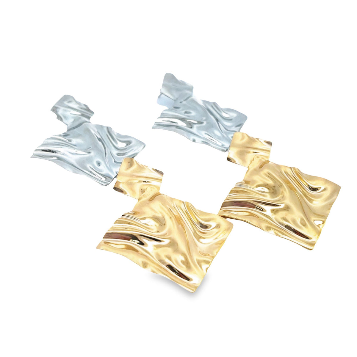 A pair of modern mixed-metal drop earrings featuring crinkled silver tops and textured gold square pendants.
