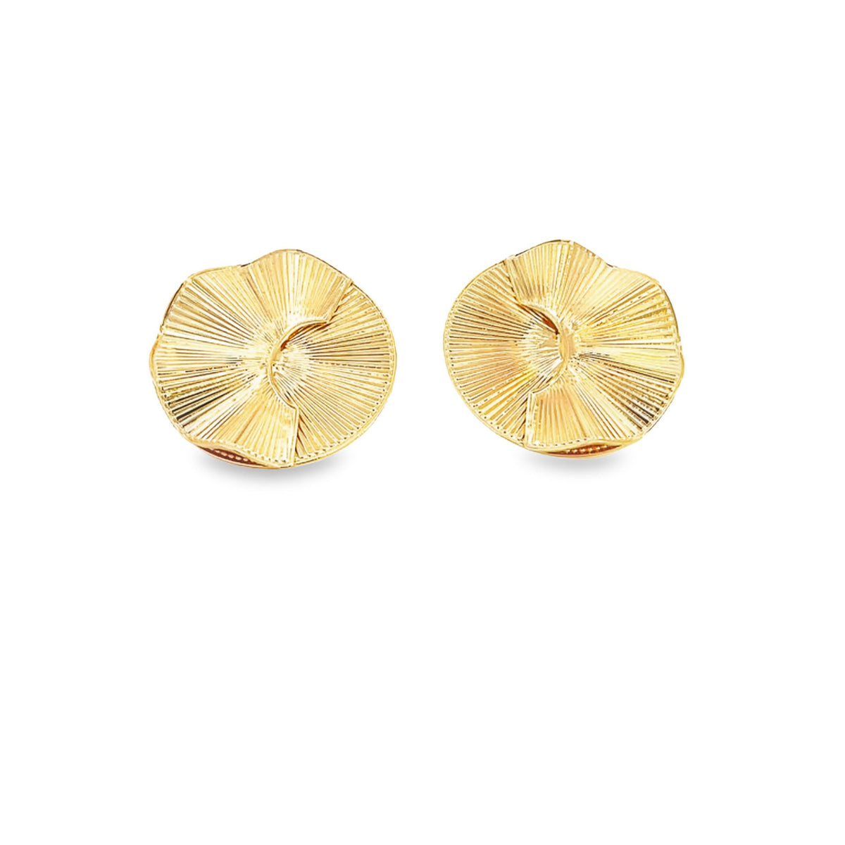 Two gold textured stud earrings feature a rippled, sunburst design against a clean white background.