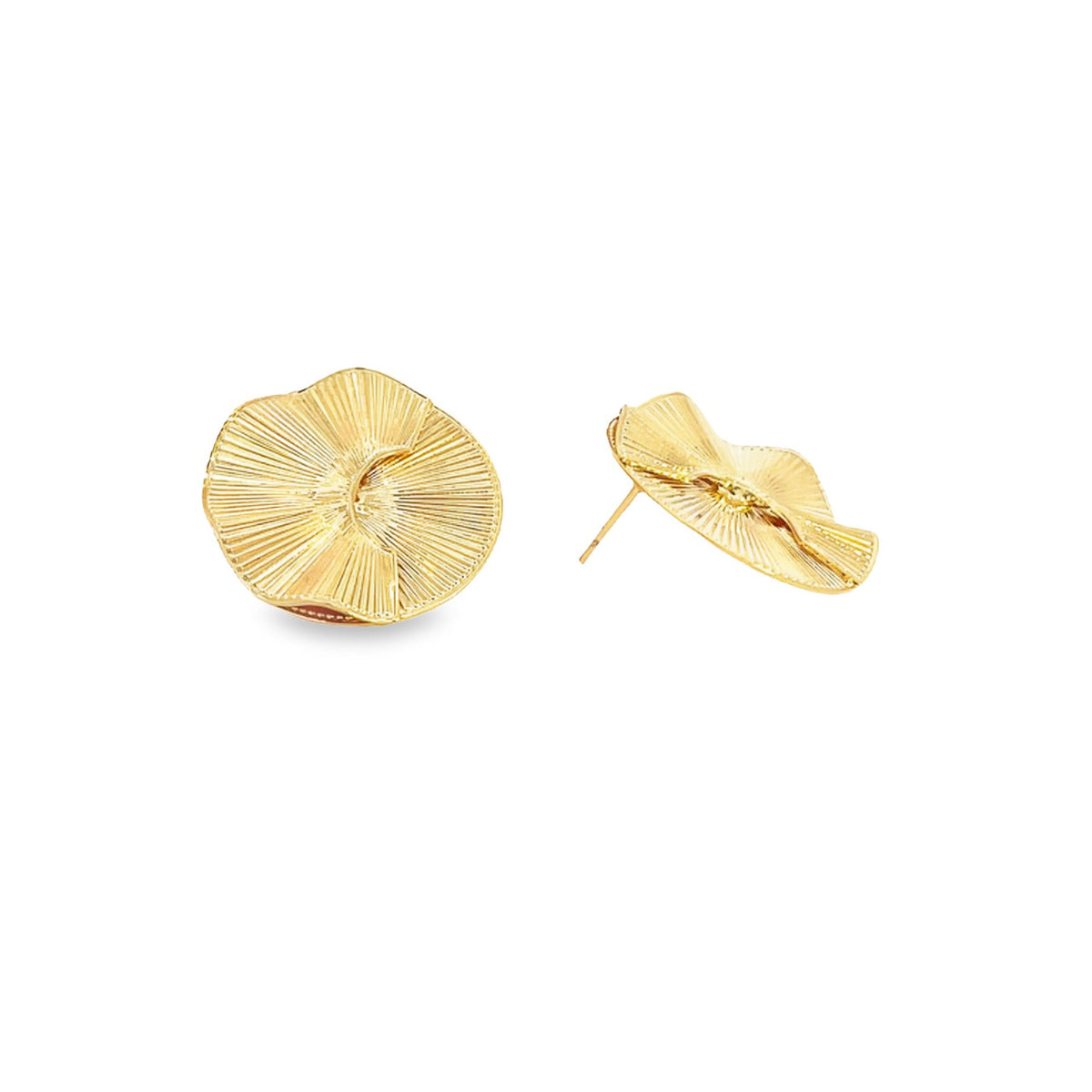 A pair of gold textured pleated disc earrings rests against a clean white background.