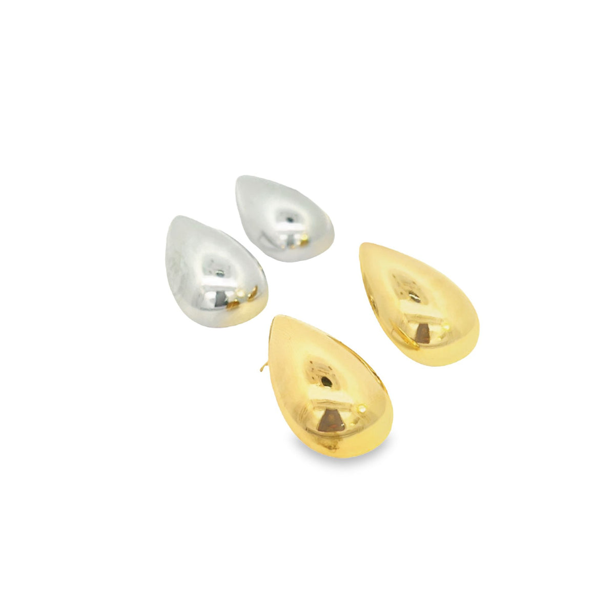 Two pairs of polished teardrop-shaped earrings in silver and gold display their smooth, reflective finishes on a white background.