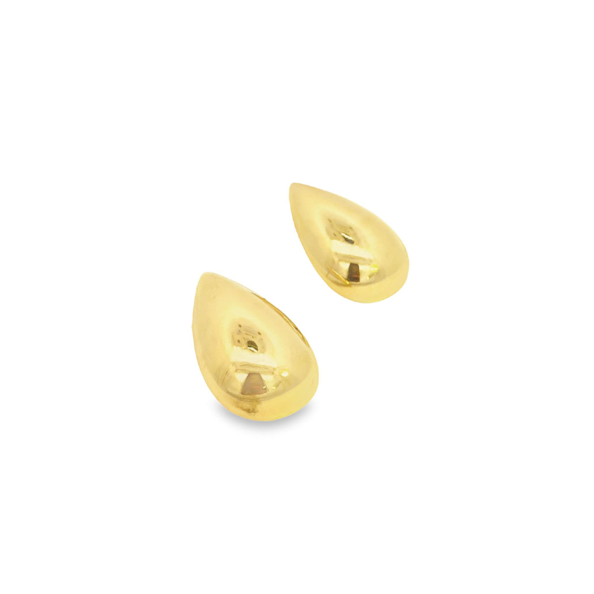 A pair of polished gold teardrop stud earrings glistens against a clean white background.