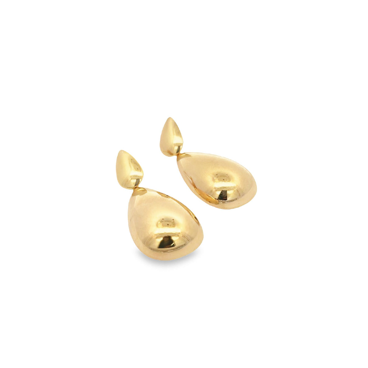 A pair of polished gold teardrop earrings rests against a clean white background.