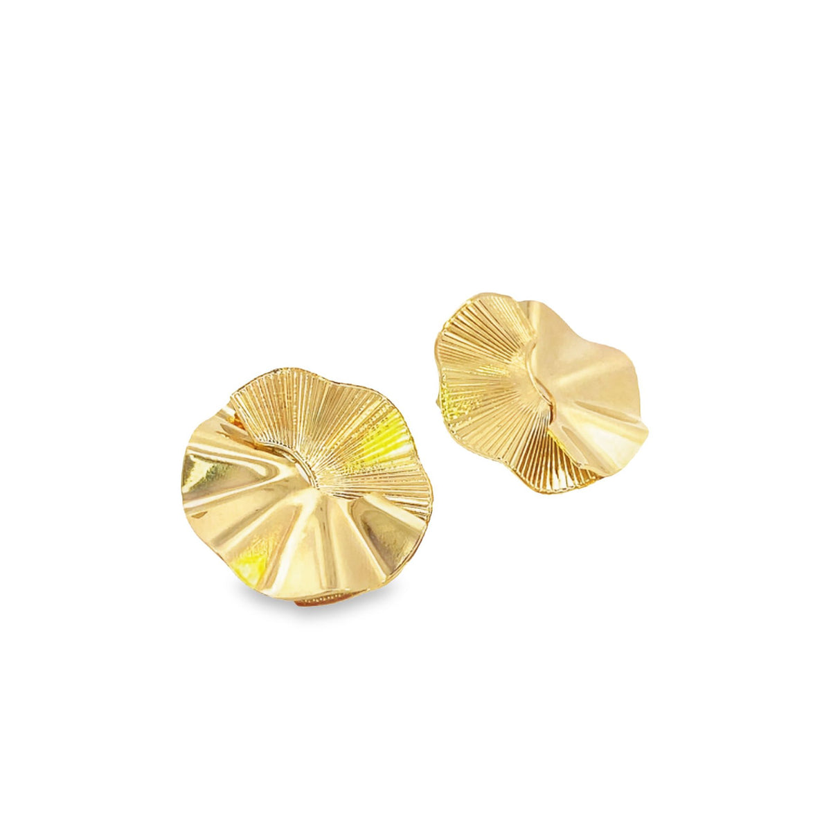A pair of gold fluted flower stud earrings resting against a clean white background.