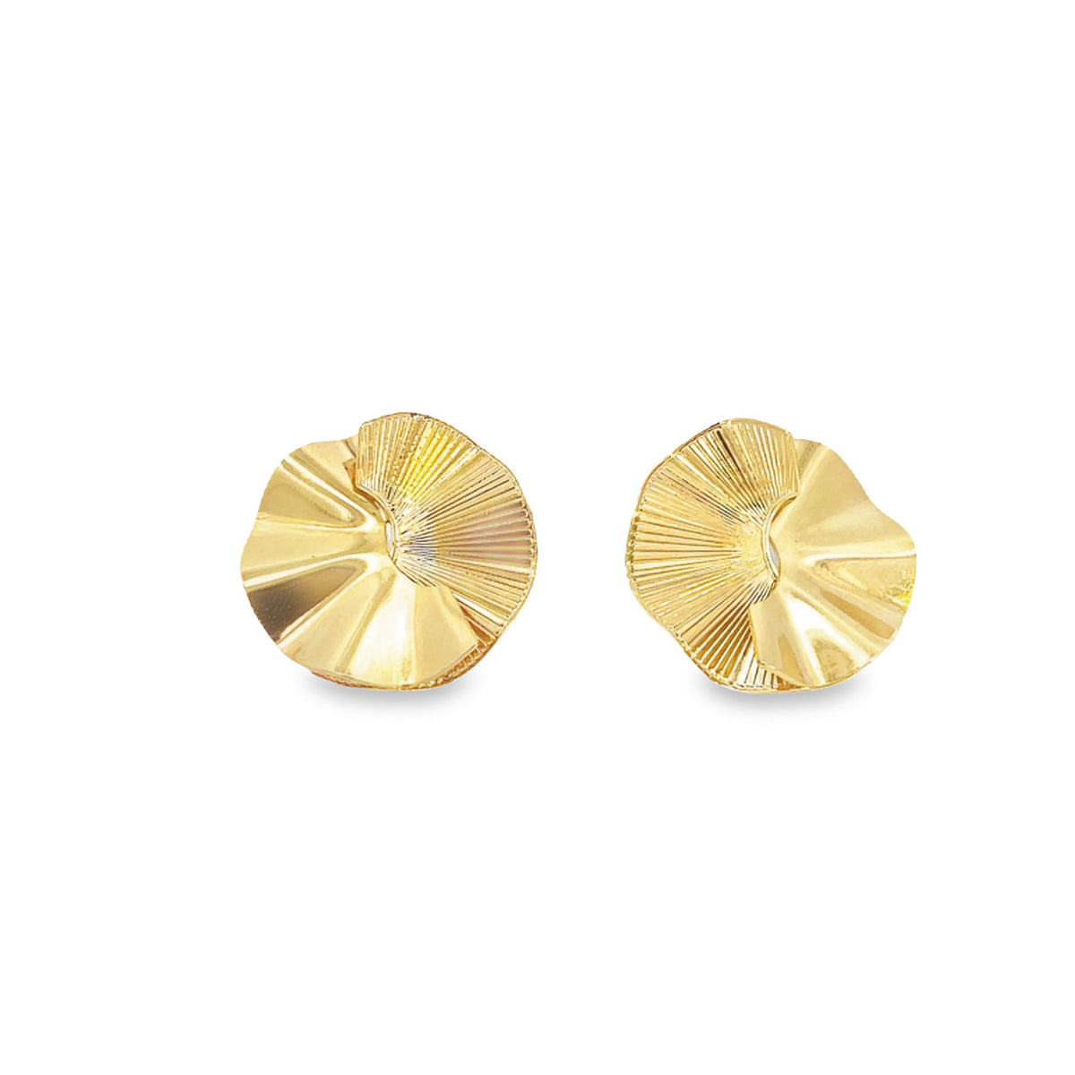 A pair of shiny gold sunburst stud earrings features a textured, pleated design against a plain white background.