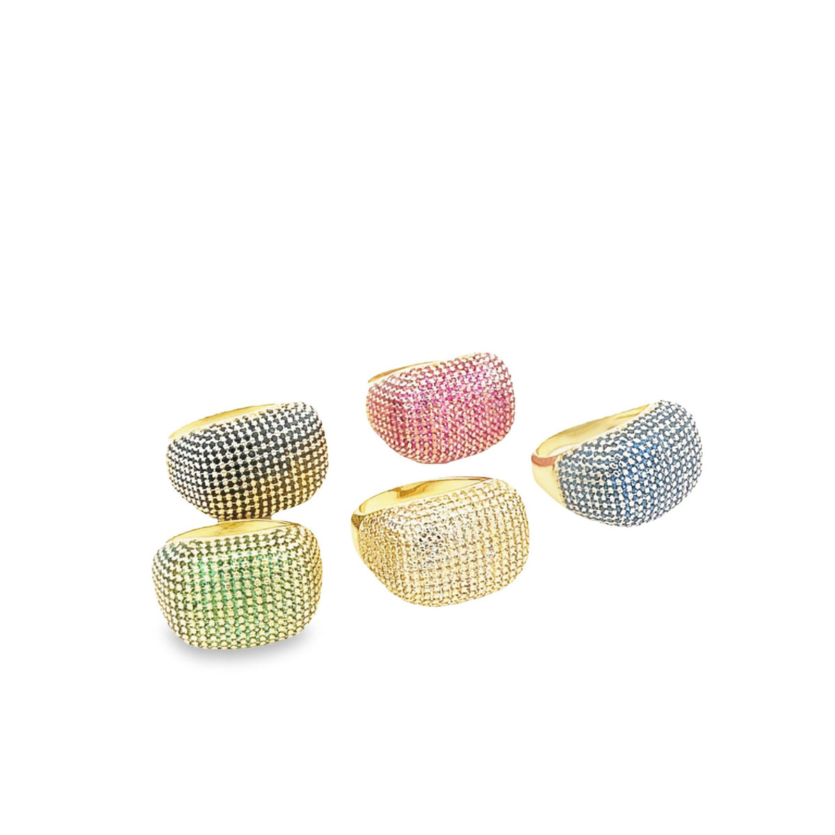 Five gold dome rings encrusted with colorful pave stones in black, pink, blue, yellow, and green display their vibrant sparkle against a white background.