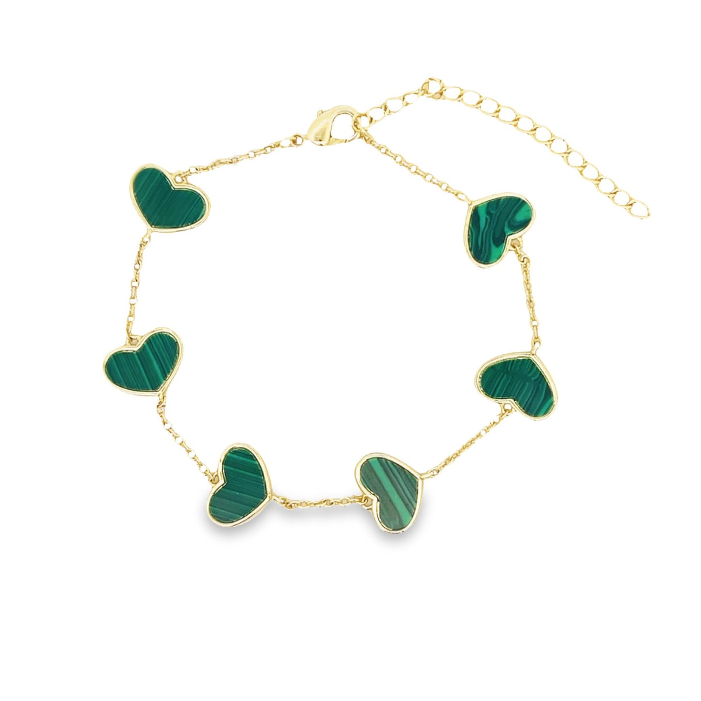 A gold chain bracelet features six green malachite heart-shaped charms spaced evenly along its length against a white background.